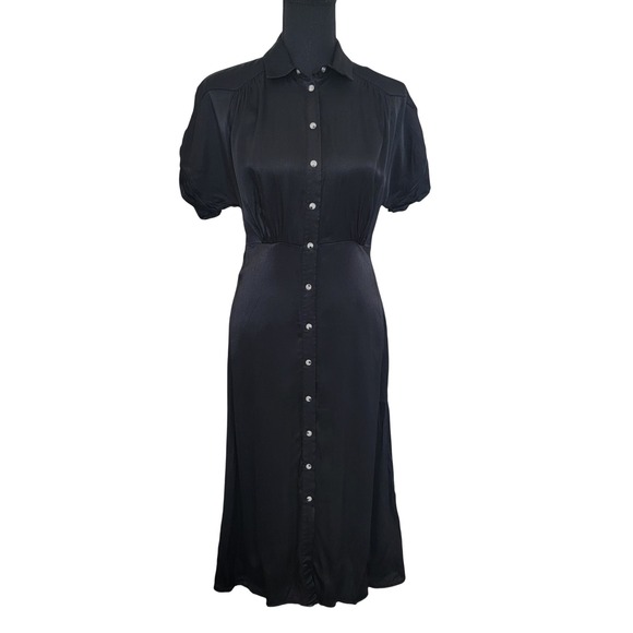 Mango Dresses & Skirts - Mango Suit Black Midi Pearl Snap Button Up Collar Short Sleeve Satin Dress Small